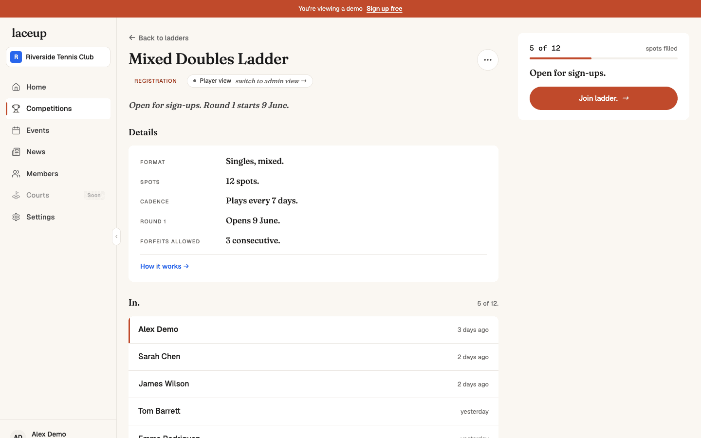 Mixed Doubles Ladder registration page showing format, spots, cadence and current sign-ups