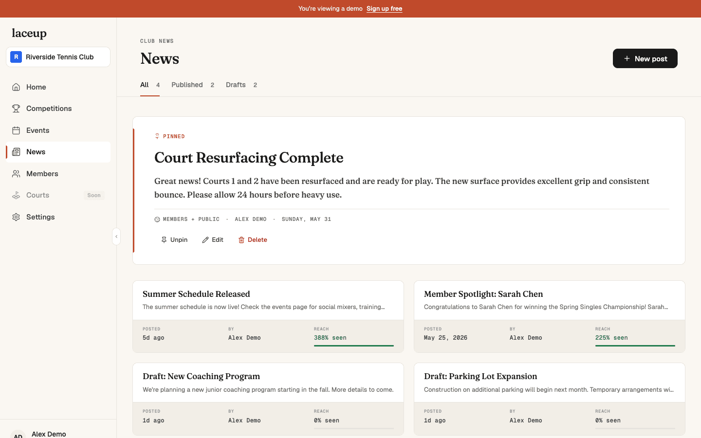 Club news management — showing pinned posts, reach metrics (388% seen), drafts and published posts
