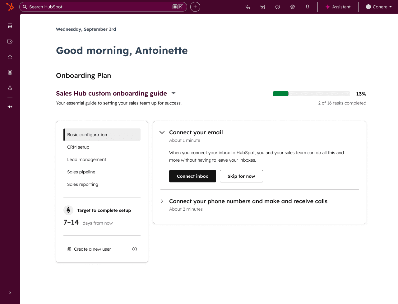 The new onboarding experience - personalised plan for Sales Hub with specific tasks for a sales rep
