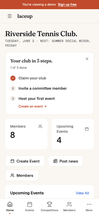 Club admin home after claiming — showing 'Your club in 3 steps' setup checklist with first step complete