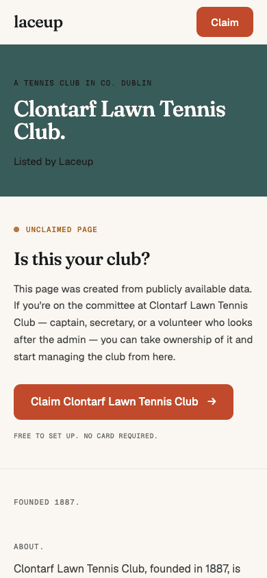 Clontarf Lawn Tennis Club unclaimed page — 'Is this your club?' with Claim CTA, pre-populated with real data