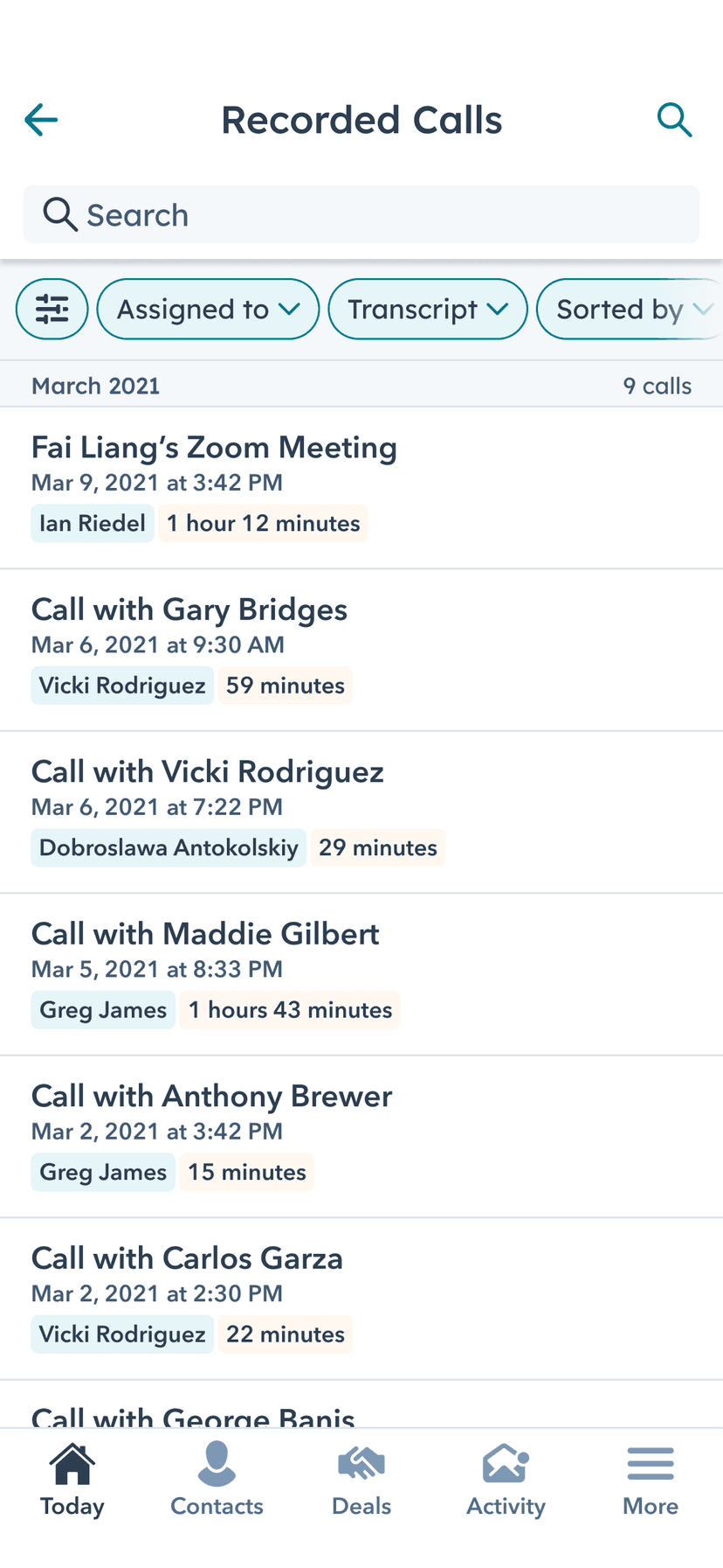 Conversation Intelligence call list showing recent recorded calls with scores