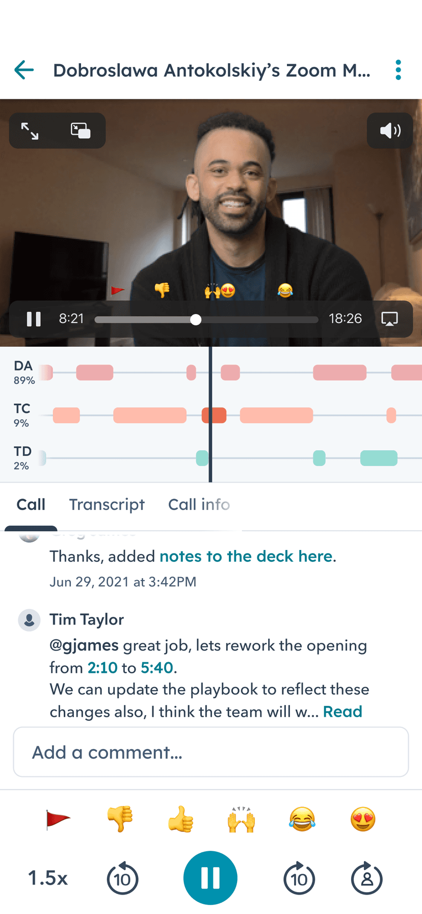 CI playback view with transcript, timestamp comments, and playback speed controls