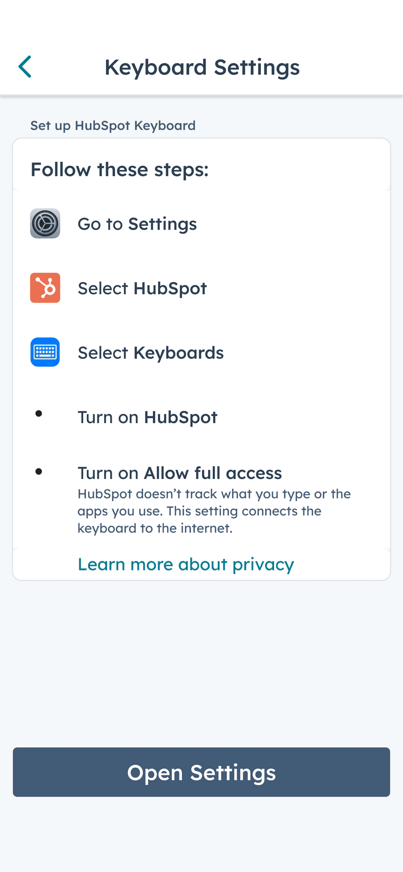 HubSpot Keyboard setup screen - enable in system settings, with the no-keystroke-tracking privacy note
