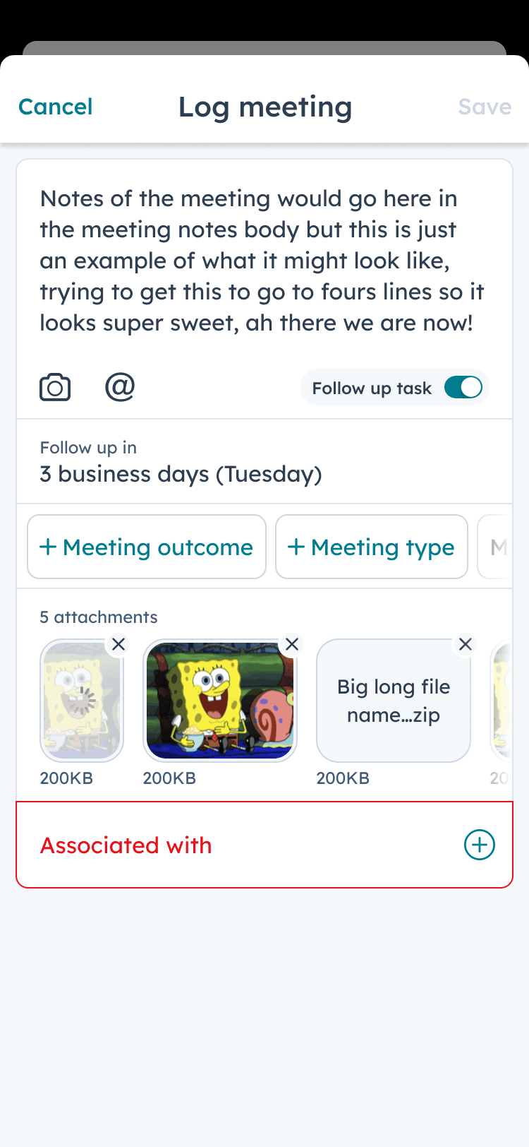 Logging a meeting directly from Today View, with notes and follow-up task